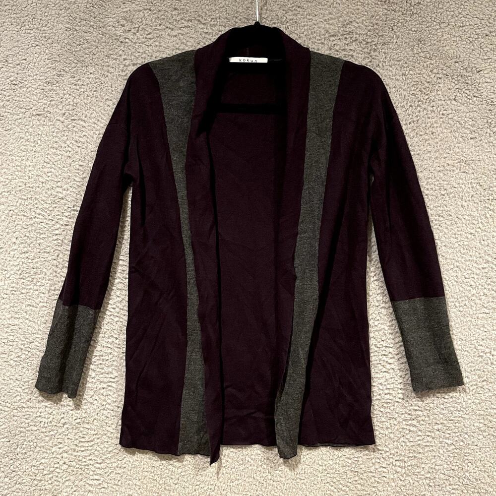 Kokun Cardigan Womens XS Purple Gray Open Front Cashmere Blend Color Block